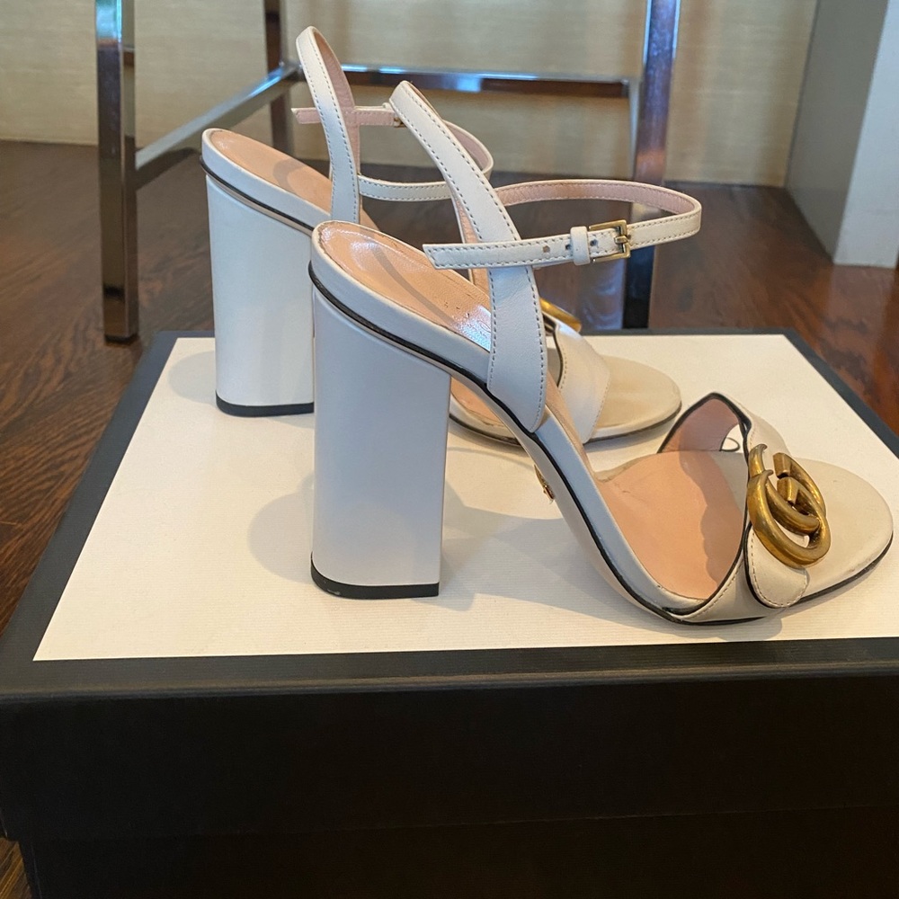 Gucci Marmont high heal Leather Sandal 4.1 inch heel in Mystic White size 36